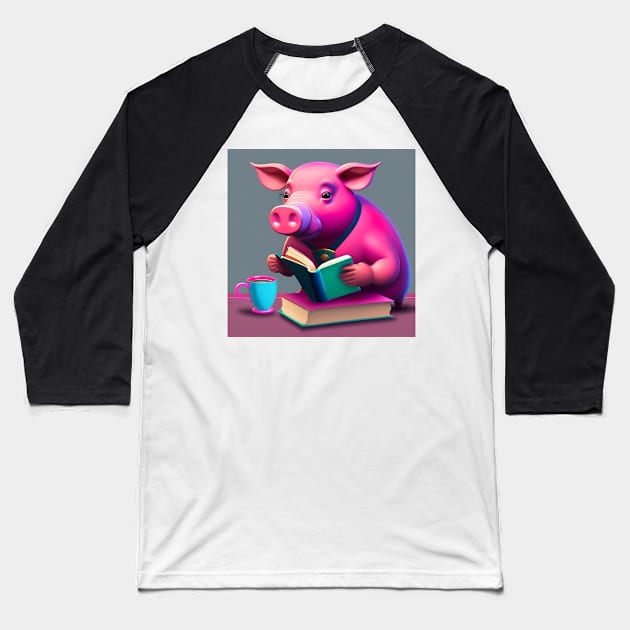 Pink Pig Reading A Book Baseball T-Shirt by ArtShare